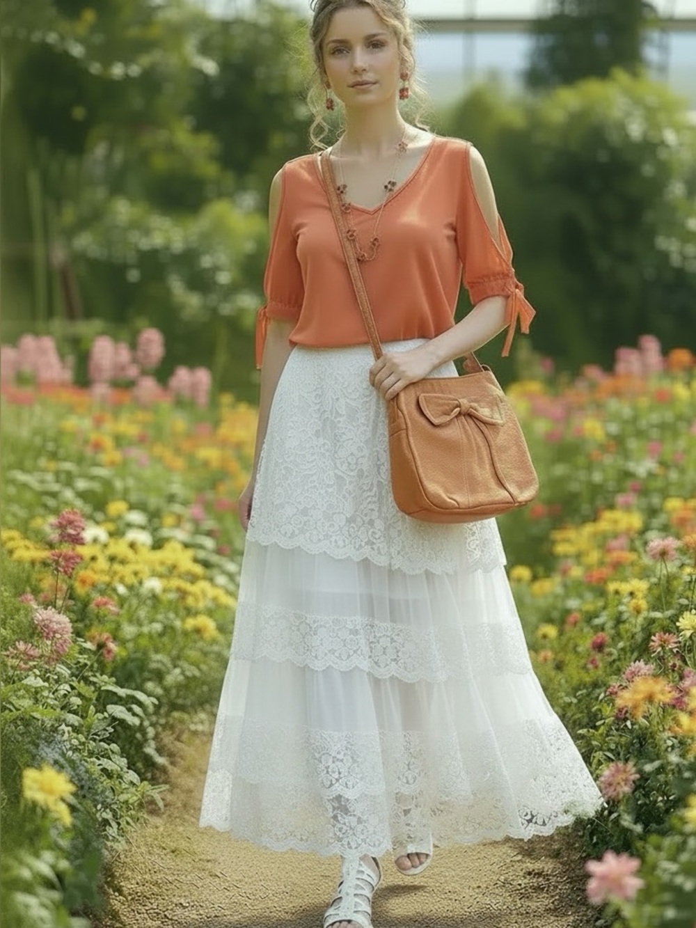 Coral V-Neck Blouse with Bow Tie Sleeves